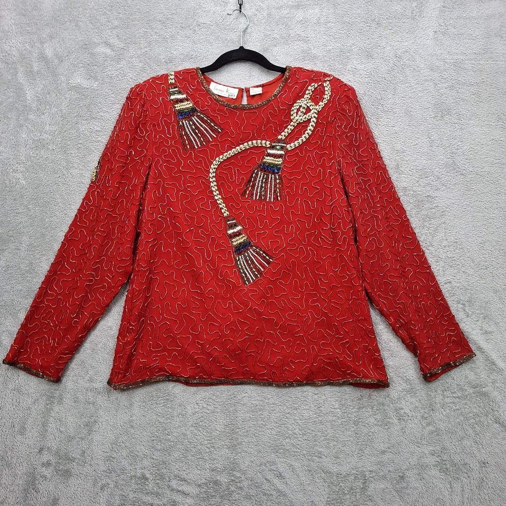 VTG Laurence  Kazar Red Beaded Long Sleeve Evening Top Women Size PL‎ STUNNING!